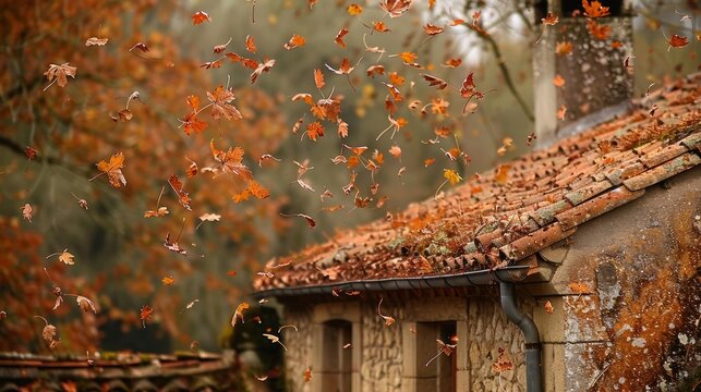 Homeowner removing autumn leaves from roof for essential fall maintenance and care