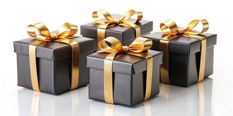 Symmetrical black gift boxes with golden ribbons on white background