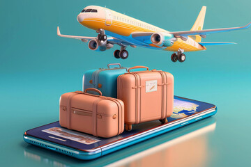 a mobile phone with a flight ticket, suitcase, and airplane, holiday, booking and happiness concept, enjoying travelling abroud