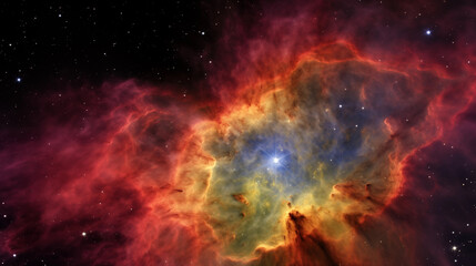 close up of vibrant nebula with swirling colors of red, orange, and blue with newborn stars and cosmic dust celestial scene concept