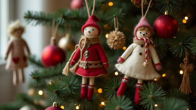 Felt dolls adorn vintage Christmas trees with homemade decorations creating a cozy and warm festive atmosphere during winter holidays.