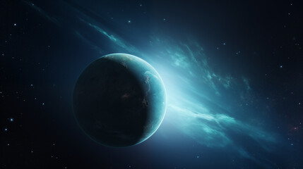 Obraz premium One dark planet alone in mysterious atmosphere, illuminated by blue cosmic light. vastness of space concept