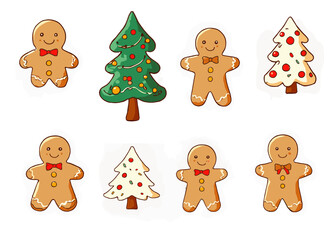 Charming Christmas sticker set featuring hand-drawn gingerbread men and decorated Christmas trees for holiday crafts.