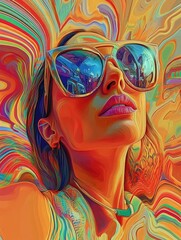 A close-up portrait of a woman wearing sunglasses with a colorful abstract background.