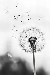 Close-Up of a Delicate Dandelion in the Breeze: Capturing the Beauty of Nature with Floating Seeds in Minimalist Style
