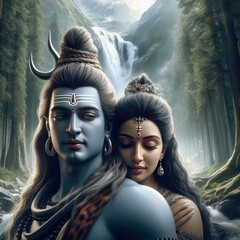 Obraz premium Hindu religious god Shiva with goddess Parvati | Mahashivratri
