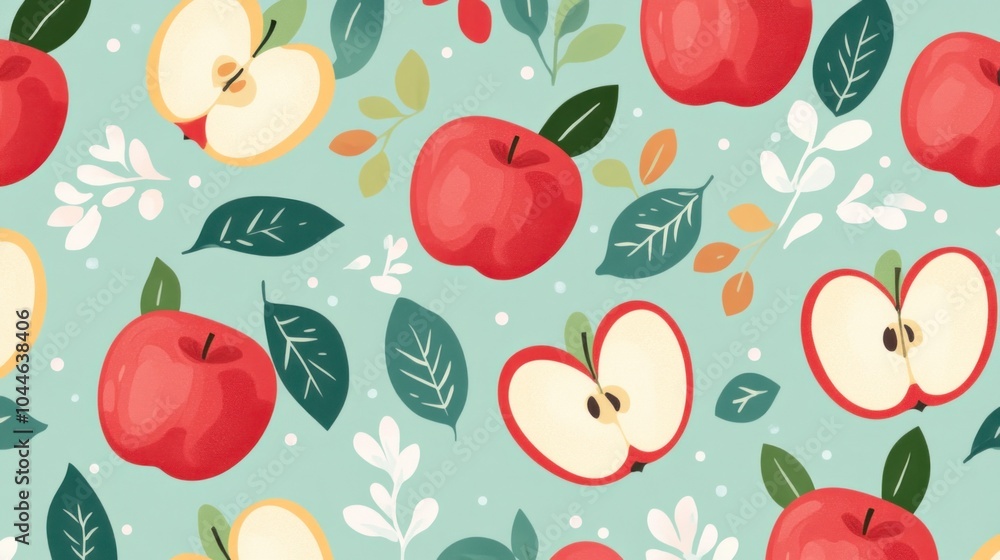 Poster vibrant pattern with fresh ripe whole and sliced red apples, enhancing designs with burst of color a