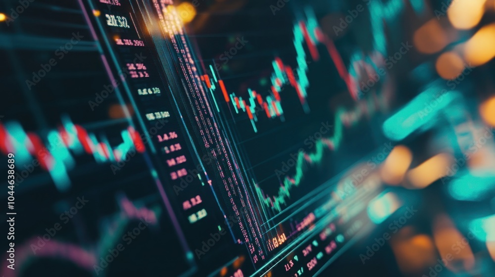 Poster a close-up of a computer screen displaying a stock market chart with red and green lines and numbers