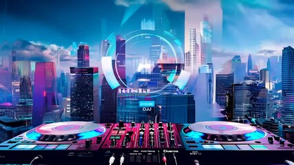audio turntables future music dj city style cyberpunk skyline control turntable disco club record vinyl rave sound party equipment technology entertainment dance techno deejay performance hip hop art