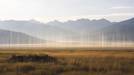 Obraz premium Sound waves radiating across a serene landscape, symbolizing the interconnectedness and harmony of natural and auditory elements.