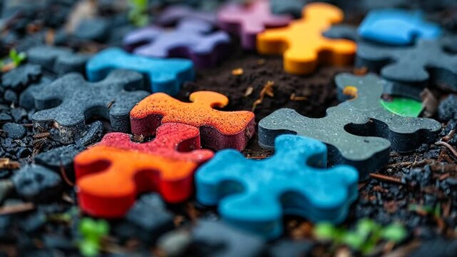 Brightly colored puzzle pieces are arranged around a small patch of dirt, surrounded by dark gravel and small green plants in daylight