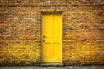 Symmetrical bright yellow door brick wall mysteries