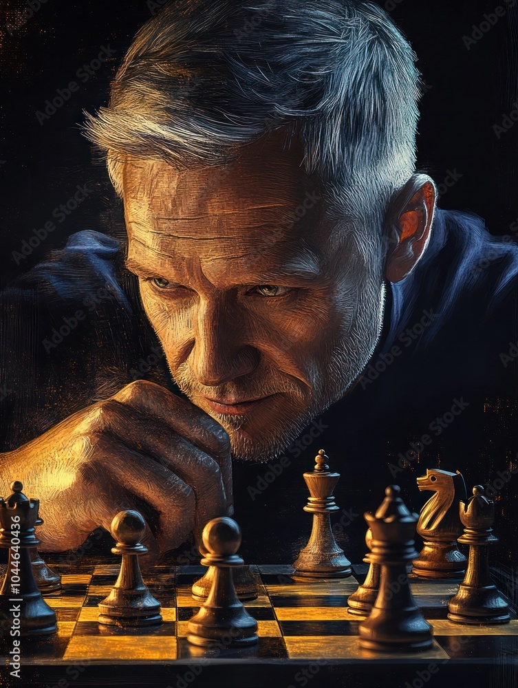 Poster a man with a serious expression gazes intensely at a chessboard, his hand resting on the table. the 