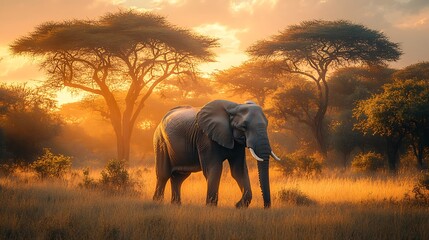 Elephant Silhouette Walking at Sunset in Nature