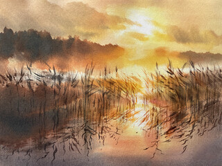 Evening by the lake in evening sunlight watercolor background