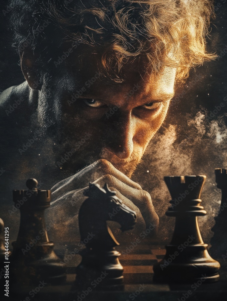 Poster a man with intense focus and a determined expression stares at a chessboard, his hand hovering over 