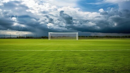 Empty Soccer Field Under Cloudy Skies