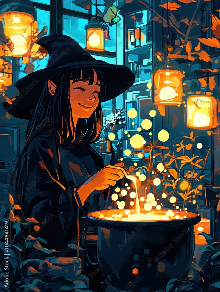 Poster a smiling witch with elf ears brews a potion in a cauldron lit by lanterns in a magical shop.