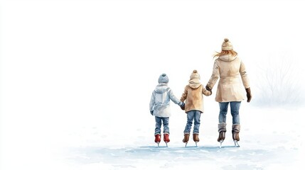 Family skating together on ice, winter scene, white isolate background.