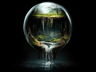 Enchanted Sphere of Nature with Waterfall and Forest