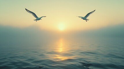 Tranquil Setting with Birds in Flight at Sunrise