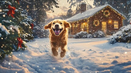 Beloved Golden Retriever Clone Romps Through Snowy Christmas Backyard of Festive Rustic Cabin