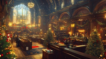 Obraz premium Whimsical Holiday Themed Investment Fund Offices with Radiant Lighting and Victorian Decor