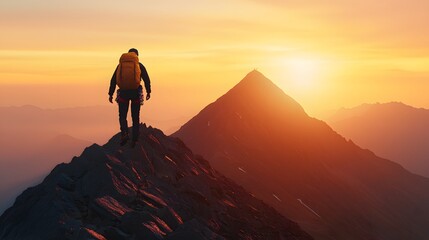 A Brave Climber Conquers the Sunrise at the Mountain Peak, Embracing Nature's Majestic Beauty. Stronger Every Day Concept