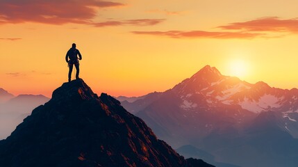 A Brave Climber Reaches New Heights as the Sun Rises Over Majestic Mountain Peaks in the Horizon. Stronger Every Day Concept