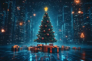 Futuristic Metropolis Celebrates Customizable Holographic Christmas with Floating Gifts and Time Manipulated Festivities