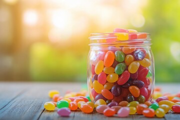 A close-up shot of colorful jelly beans spilling from a glass jar onto a wooden table, with a bright, soft background. The vibrant candies create a rainbow of textures and sugary temptation. - Powered by Adobe