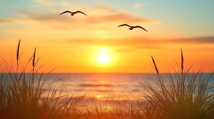 Naklejka premium Enchanting Sunset with Flock of Birds Over Water