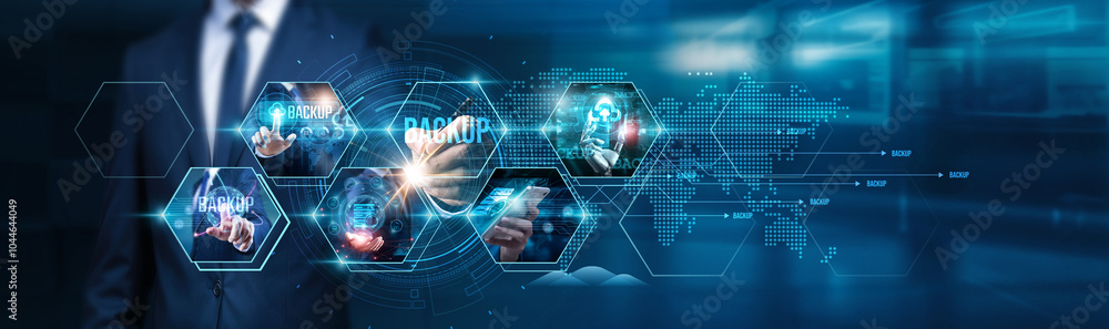 Poster businessman using tablet analyzing backup strategies and ensuring business continuity and disaster r