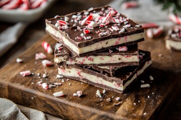 A stack of peppermint bark squares drizzled with dark chocolate, arranged on a rustic wooden cutting board. The layers of chocolate, peppermint, and candy cane pieces create a holiday-inspired treat.