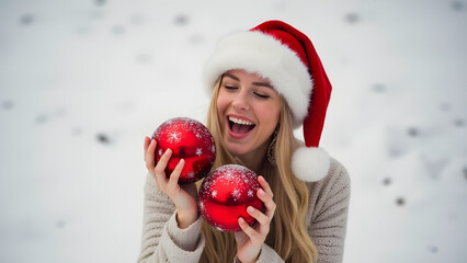 Cheerful blonde plays with Christmas balls in a festive Santa hat and earrings photo on a snowy white background for online shopping offers.