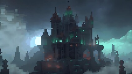 Fototapeta premium Dark gothic castle on a foggy night pixel art background. 8-bit game assets