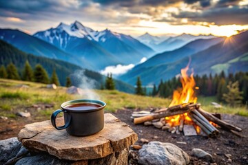 Symmetrical cup of coffee next to campfire with mountains in background
