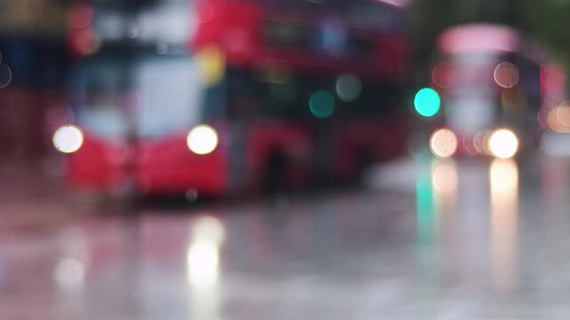 Bokeh video of London double decker buses, lot of copy space