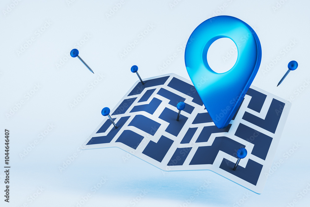 Poster close up of blue map with pin on white backdrop. locator and gps concept. 3d rendering.