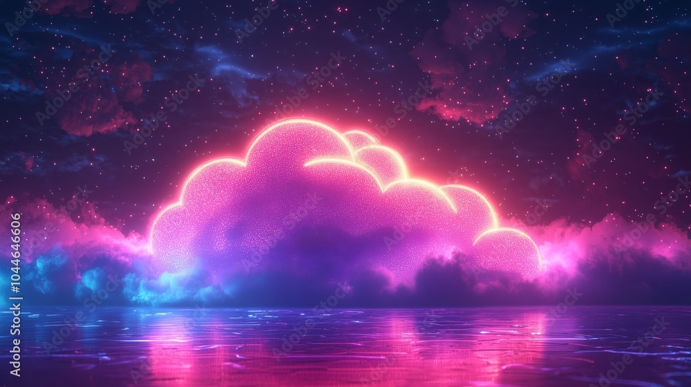 Poster neon cloud with data flow in cosmic background