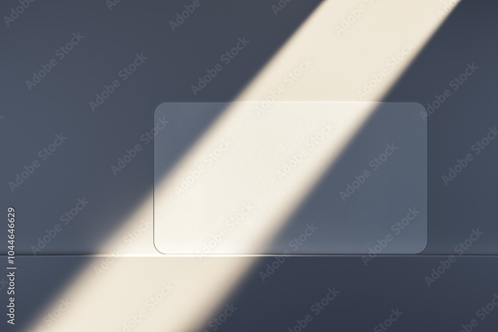 Poster Close up and top view of blank white business card on light desk surface with sunlight. Ad concept. Mock up, 3D Rendering.