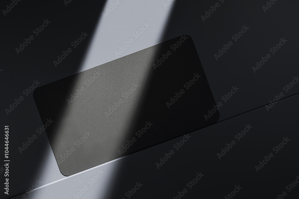 Poster close up of empty black business card on dark desk surface with sunlight. ad concept. mock up, 3d re