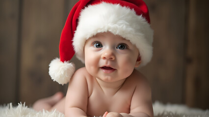 Baby in Santa hat looks adorable in a cute portrait photograph.