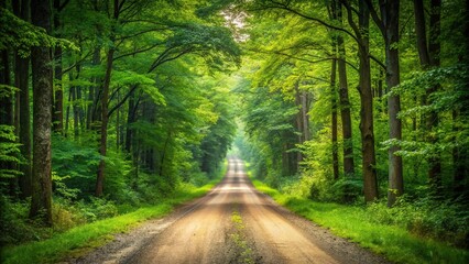 Obraz premium Symmetrical dusty gravel road in summer green fresh wet forest