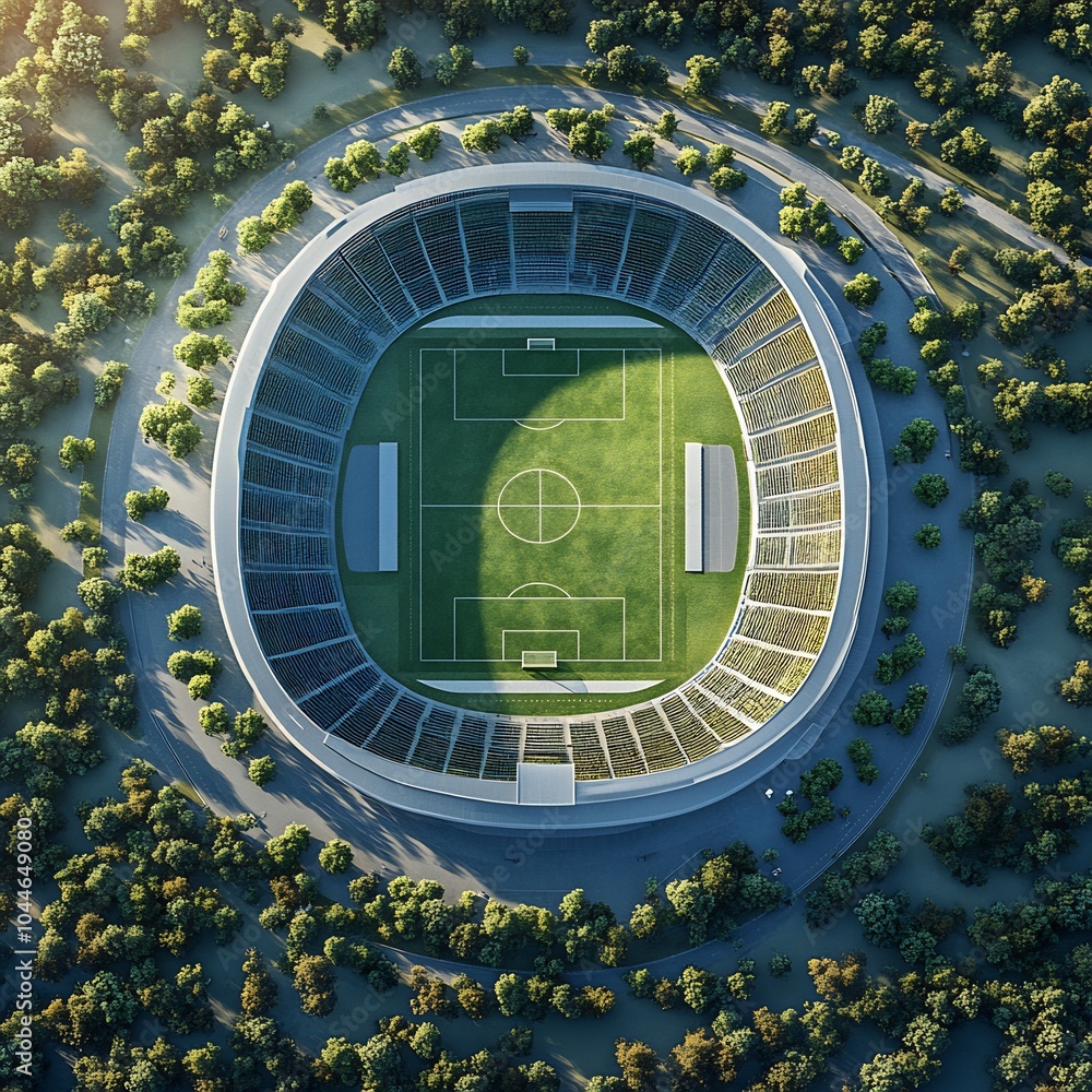 Poster 3d render above of a large outdoor sports arena with an expansive open field and surrounding stands 