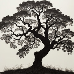 dramatic detailed silhouette of a large spreading oak tree.Tree Oak Linden Tree royalty-free stock illustration.A drawing of a tree with the word tree on it.