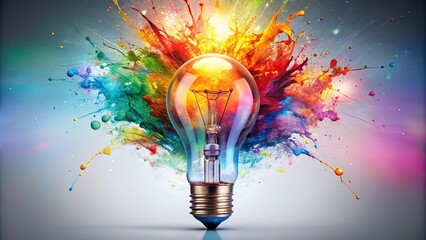 Symmetrical explosion of vibrant paint splashes in the shape of a light bulb