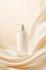 Pump cap skincare mockup on minimalistic abstract wavy background, marketing for luxury beauty brands
