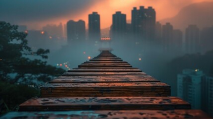 Obraz premium Misty urban skyline at dusk with wooden pathway leading into foggy cityscape.