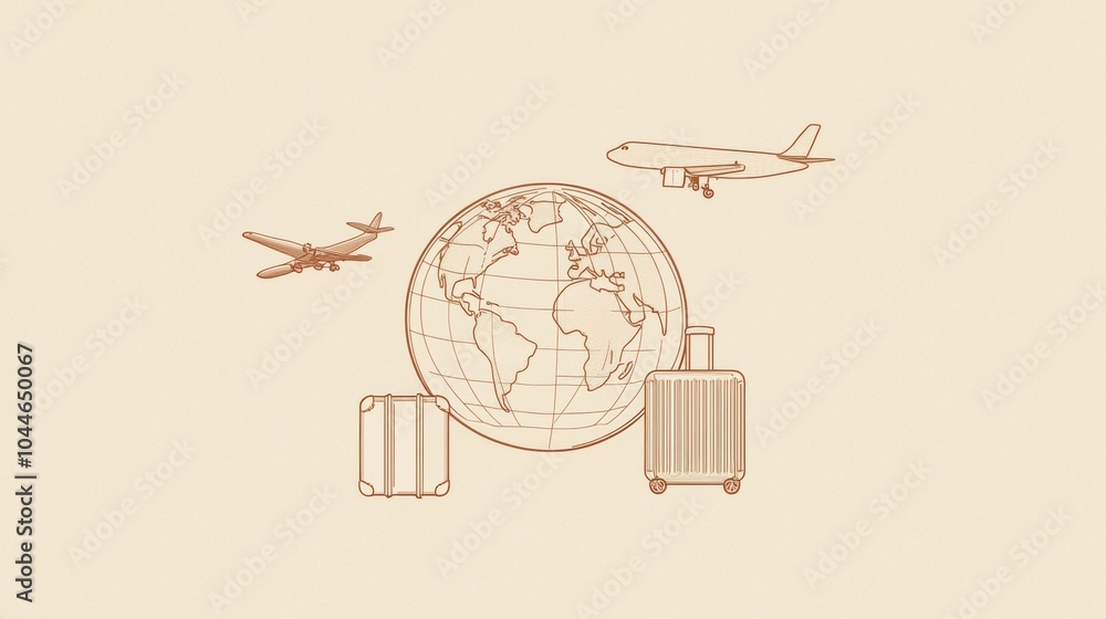 Aufkleber a globe showcases two airplanes in flight with suitcases, symbolizing the thrill of international tr
